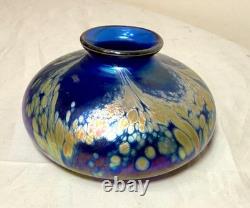 Vintage hand blown Kent Fiske blue iridescent art glass splatter vase sculpture