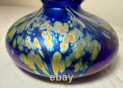 Vintage hand blown Kent Fiske blue iridescent art glass splatter vase sculpture