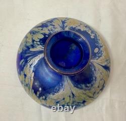 Vintage hand blown Kent Fiske blue iridescent art glass splatter vase sculpture