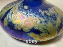 Vintage hand blown Kent Fiske blue iridescent art glass splatter vase sculpture