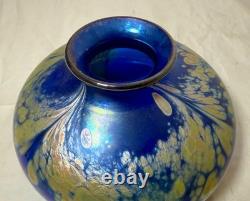 Vintage hand blown Kent Fiske blue iridescent art glass splatter vase sculpture