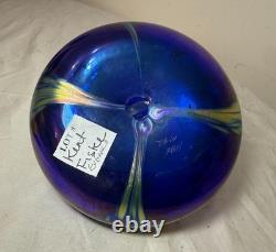 Vintage hand blown Kent Fiske blue iridescent art glass splatter vase sculpture