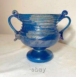 Vintage hand blown Murano Seguso Italian iridescent blue Scavo style Glass Vase