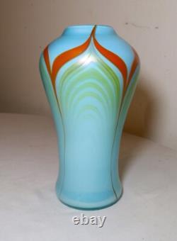 Vintage hand blown baby blue pulled feather signed Williams studio glass vase