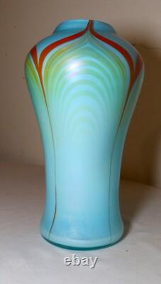 Vintage hand blown baby blue pulled feather signed Williams studio glass vase