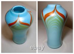 Vintage hand blown baby blue pulled feather signed Williams studio glass vase