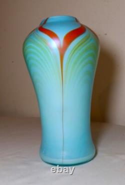 Vintage hand blown baby blue pulled feather signed Williams studio glass vase