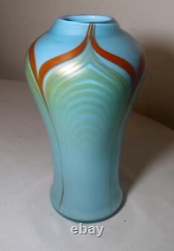 Vintage hand blown baby blue pulled feather signed Williams studio glass vase