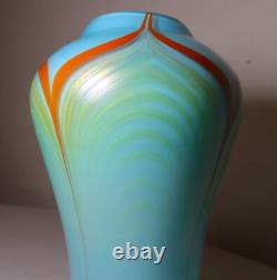 Vintage hand blown baby blue pulled feather signed Williams studio glass vase