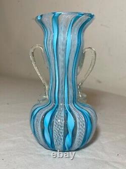 Vintage hand blown blue white gold Murano Italian latticino studio glass vase