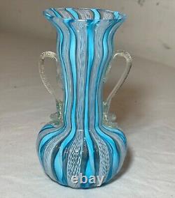 Vintage hand blown blue white gold Murano Italian latticino studio glass vase