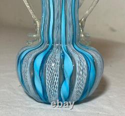 Vintage hand blown blue white gold Murano Italian latticino studio glass vase