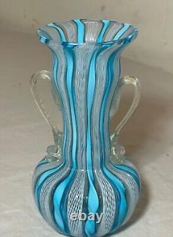 Vintage hand blown blue white gold Murano Italian latticino studio glass vase