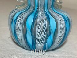 Vintage hand blown blue white gold Murano Italian latticino studio glass vase