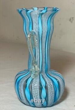 Vintage hand blown blue white gold Murano Italian latticino studio glass vase