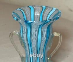 Vintage hand blown blue white gold Murano Italian latticino studio glass vase