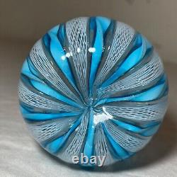 Vintage hand blown blue white gold Murano Italian latticino studio glass vase