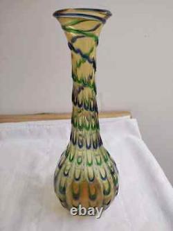 Vintage large Italian glass vase Honey colored, green and blue raised design