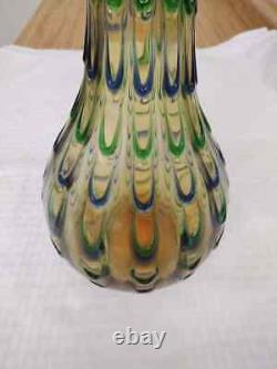 Vintage large Italian glass vase Honey colored, green and blue raised design