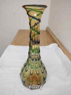 Vintage large Italian glass vase Honey colored, green and blue raised design