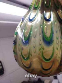 Vintage large Italian glass vase Honey colored, green and blue raised design