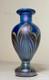 Vintage miniature hand blown pulled feather blue iridescent studio glass vase
