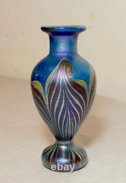 Vintage miniature hand blown pulled feather blue iridescent studio glass vase