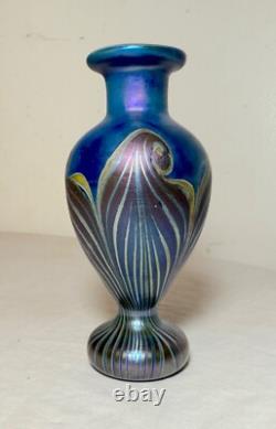 Vintage miniature hand blown pulled feather blue iridescent studio glass vase