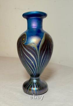 Vintage miniature hand blown pulled feather blue iridescent studio glass vase