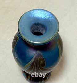 Vintage miniature hand blown pulled feather blue iridescent studio glass vase