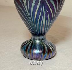 Vintage miniature hand blown pulled feather blue iridescent studio glass vase