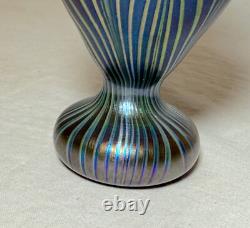 Vintage miniature hand blown pulled feather blue iridescent studio glass vase