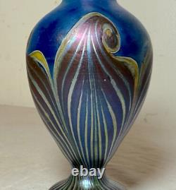 Vintage miniature hand blown pulled feather blue iridescent studio glass vase