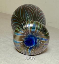 Vintage miniature hand blown pulled feather blue iridescent studio glass vase