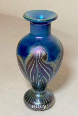 Vintage miniature hand blown pulled feather blue iridescent studio glass vase