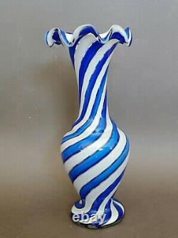 Vntg STUNNING Art Glass Murano MCM Italian Blue Striped 12Tall Vase Hand Blown