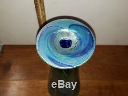 Vtg 10 3/4 Vandermark Blue Iridescent Pulled Feather Art Glass Vase