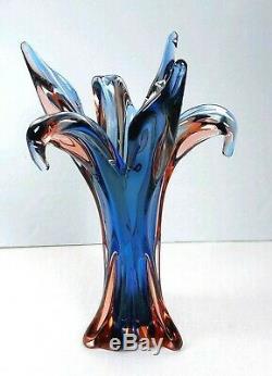 Vtg 14 Murano Sommerso Pulled Flared Fluted Art Glass Vase Cobalt Blue & Orange