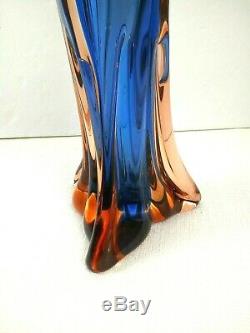 Vtg 14 Murano Sommerso Pulled Flared Fluted Art Glass Vase Cobalt Blue & Orange
