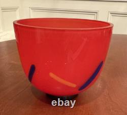 Vtg 1980s Modern Yellow Blue Black & Red Hand Blown Art Glass Vase Artist Signed