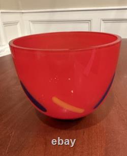 Vtg 1980s Modern Yellow Blue Black & Red Hand Blown Art Glass Vase Artist Signed
