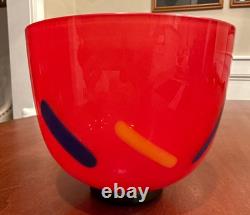 Vtg 1980s Modern Yellow Blue Black & Red Hand Blown Art Glass Vase Artist Signed