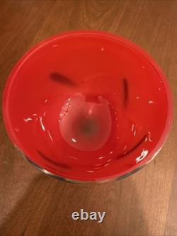 Vtg 1980s Modern Yellow Blue Black & Red Hand Blown Art Glass Vase Artist Signed