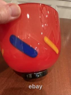 Vtg 1980s Modern Yellow Blue Black & Red Hand Blown Art Glass Vase Artist Signed
