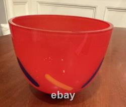 Vtg 1980s Modern Yellow Blue Black & Red Hand Blown Art Glass Vase Artist Signed