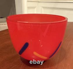 Vtg 1980s Modern Yellow Blue Black & Red Hand Blown Art Glass Vase Artist Signed