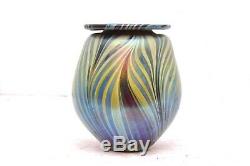 Vtg Art Glass Vase Pulled Feathers Blue Iridescent Signed Rich Miller 5.5