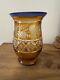 Vtg Blue & Yellow Cut Thick Glass Vase-Unmarked-6.25T