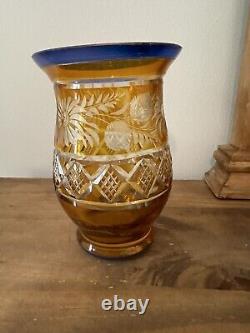 Vtg Blue & Yellow Cut Thick Glass Vase-Unmarked-6.25T