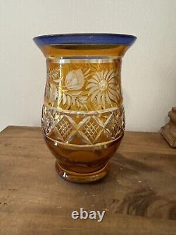 Vtg Blue & Yellow Cut Thick Glass Vase-Unmarked-6.25T